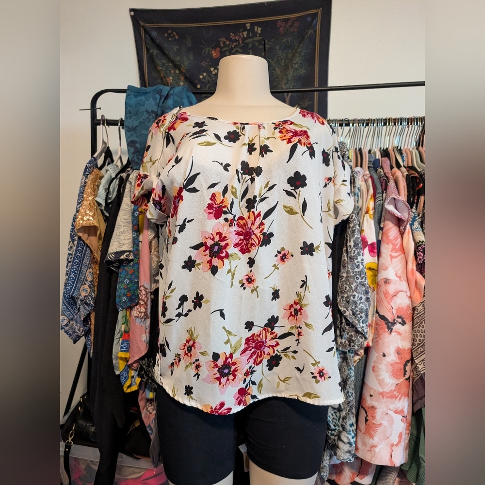 Louise Paris‎ Floral Print Short Sleeve Blouse Top Women's Size L